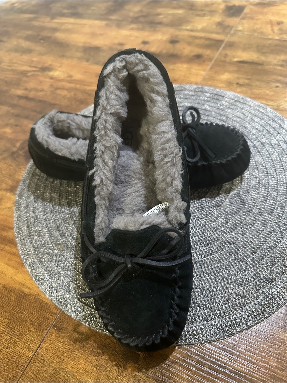 UGG Black Suede Moccasin Slippers with Gray Shearling Lining